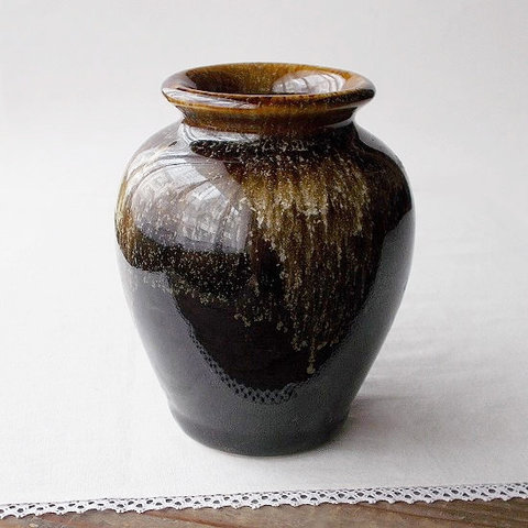 渋い色合いが素敵な昭和レトロつぼ型花瓶【茶色系白釉薬垂らしマーブル】/中/