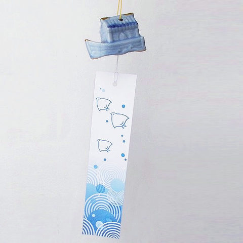 古い時代のアンティークな可愛い陶器の風鈴【屋形船】ブルー