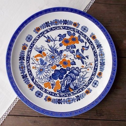 鳥さん＆草花山水図柄の和風だけどどこか欧風な大皿31.5cm