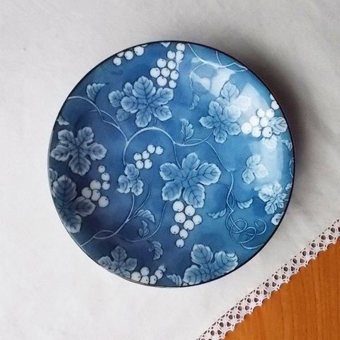 総瑠璃ぶどう柄の可愛い昭和レトロ小皿