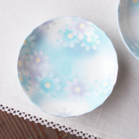 昭和レトロ食器★コスモス秋桜ブルー系の可愛い花柄小皿