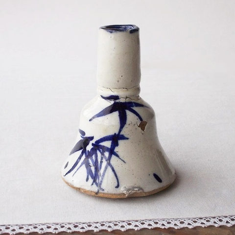 神具/古い時代のお神酒すず?御神酒徳利/口ルリ手書き呉須笹の葉柄