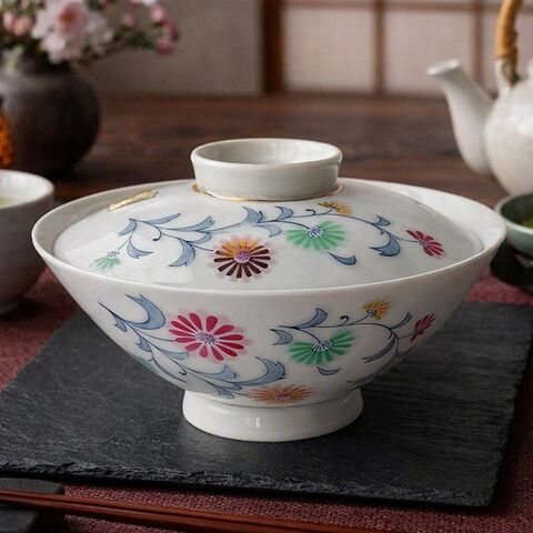 Koyo china/金ピンクグリーンの菊花柄が可愛い蓋付お茶碗