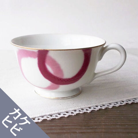 古い時代の中和陶器製/赤ピンク水色サークル柄紅茶コーヒーカップ(チップ)