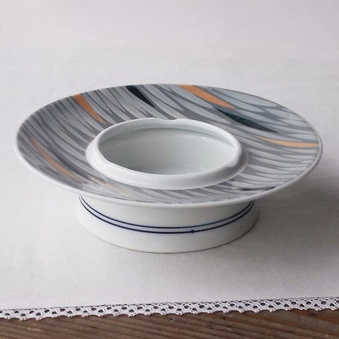 昭和レトロな陶器の灰皿/グレー＆オレンジレトロ柄の帽子型大きさ2種