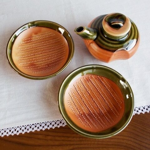 昭和レトロ豆皿小皿/すりおろしの目がついたさび織部小皿12cm