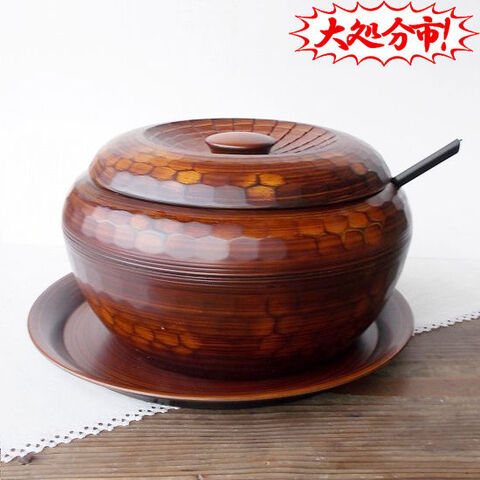 昭和レトロ漆器円形盆付き彫り物風おひつ/黒いミニしゃもじ付き