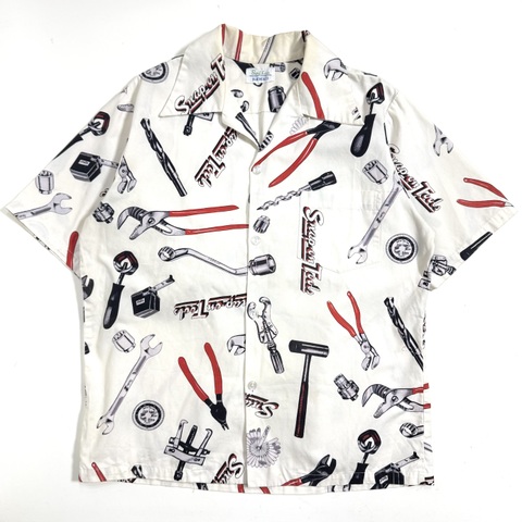 70s SURF LINE "SNAP-ON TOOLS" PRINT COTTON HAWAIIAN SHIRT.