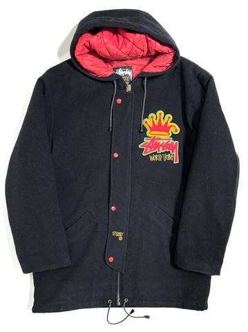 90s STUSSY "WORLD TRIBE" VARSITY JACKET.