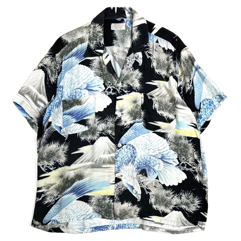 60s PENNEY'S "BLACK" JAPANESE PATTERN HAWAIIAN SHIRT.