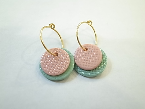 Liebe リーベ　チェック柄ダブルフープピアス　ミント×パウダーピンク