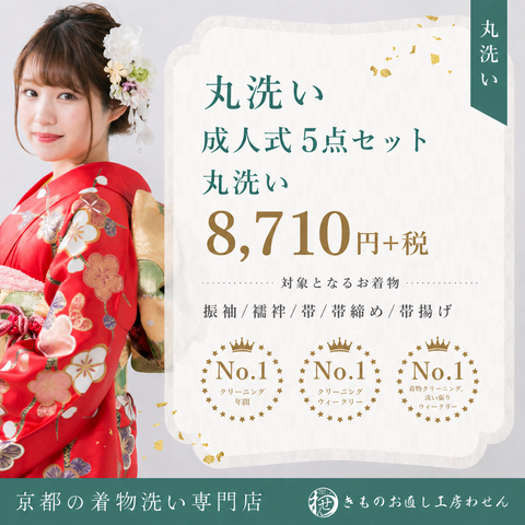 特価！成人式5点セット丸洗い(振袖・襦袢・帯・帯締め・帯揚げ)